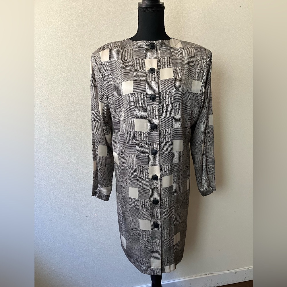 Vintage 80s Kasper Black & White Geometric Print Shift Dress Button Detail Large